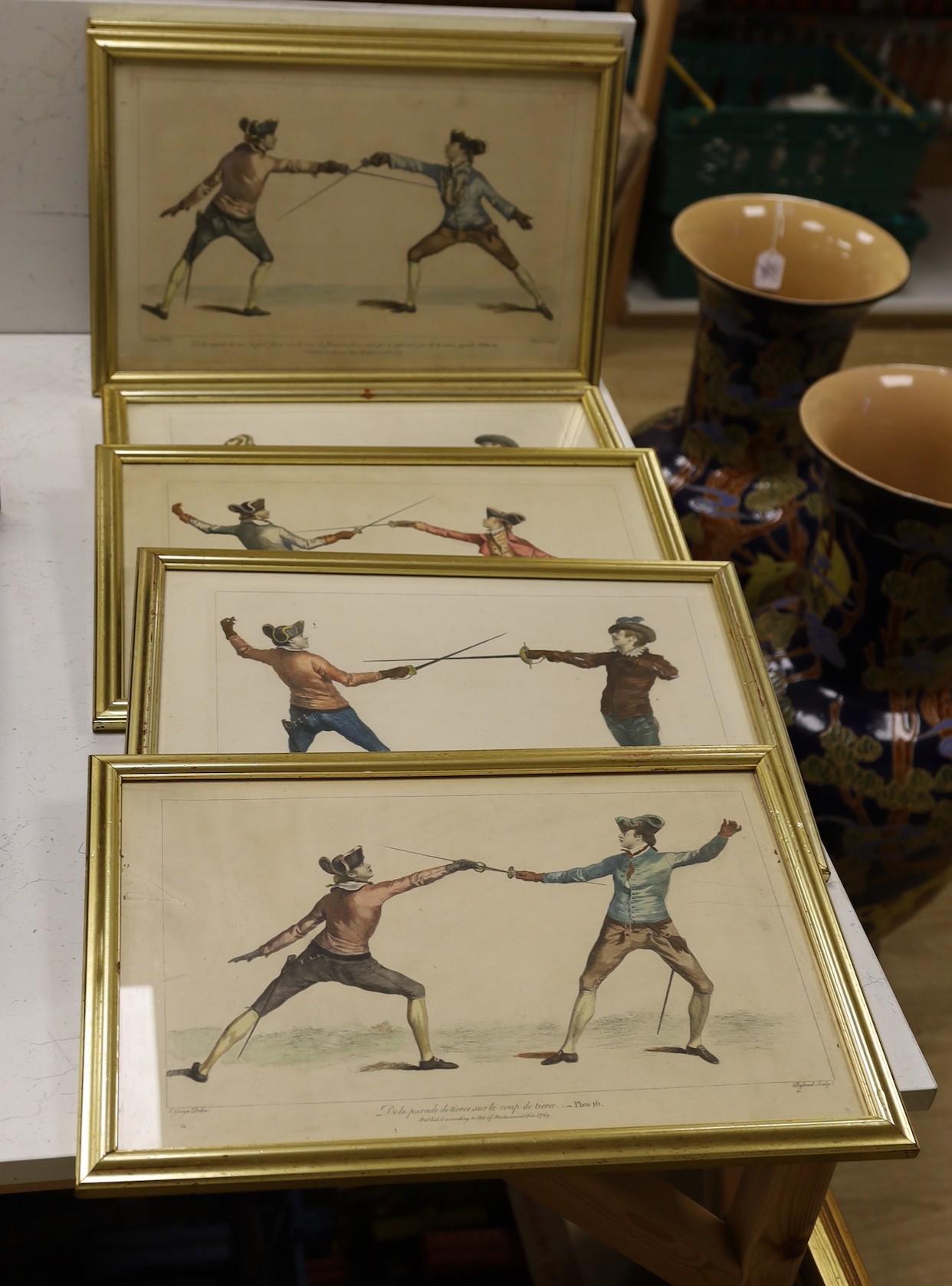 James Gwyn, Six 18th century hand coloured engravings of fencing, publ. 1763, 28 x 44cm